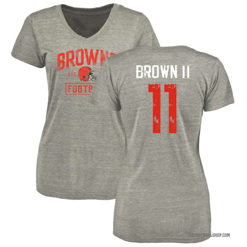 Tony Brown II Women's Brown Cleveland Browns Heather Gray Distressed V-Neck T-Shirt